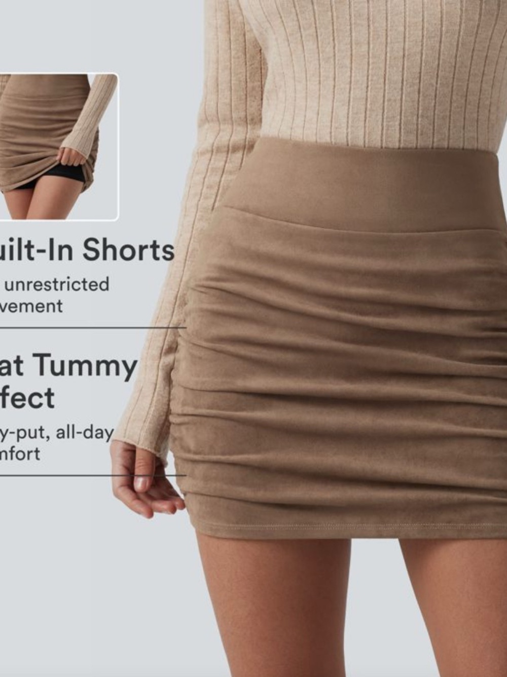 HALARA Taupe Ruched Mini Skirt with Built-In Shorts